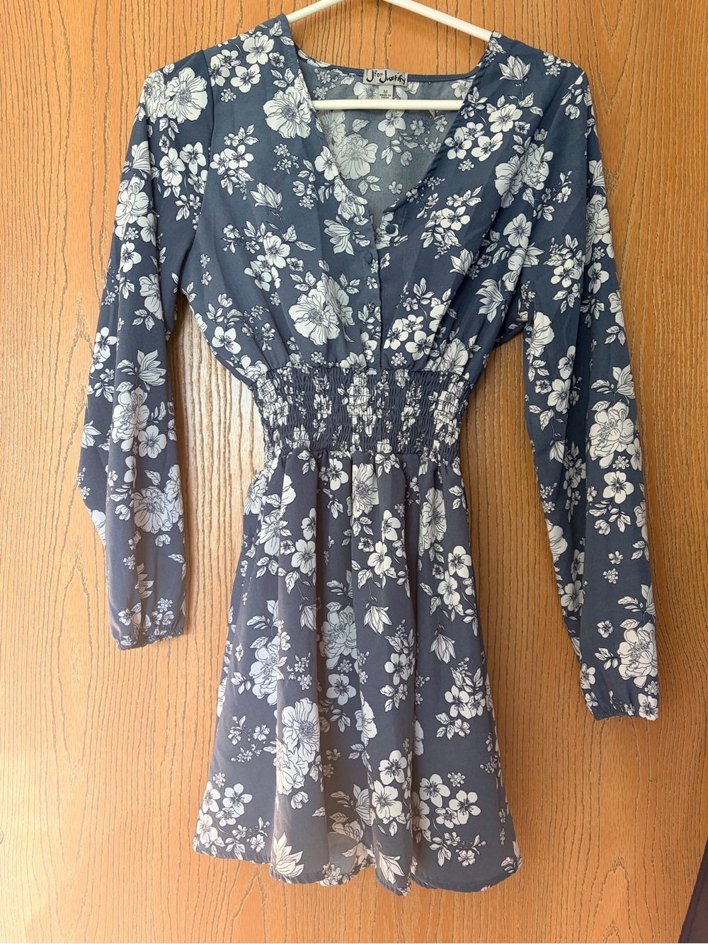 J for Justify Navy and White Floral Smocked Waist Long-Sleeve Dress